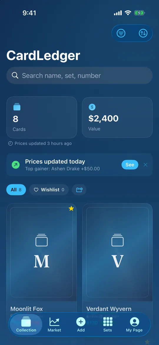 CardLedger Collection tab: cards in a grid with a banner showing today's top mover