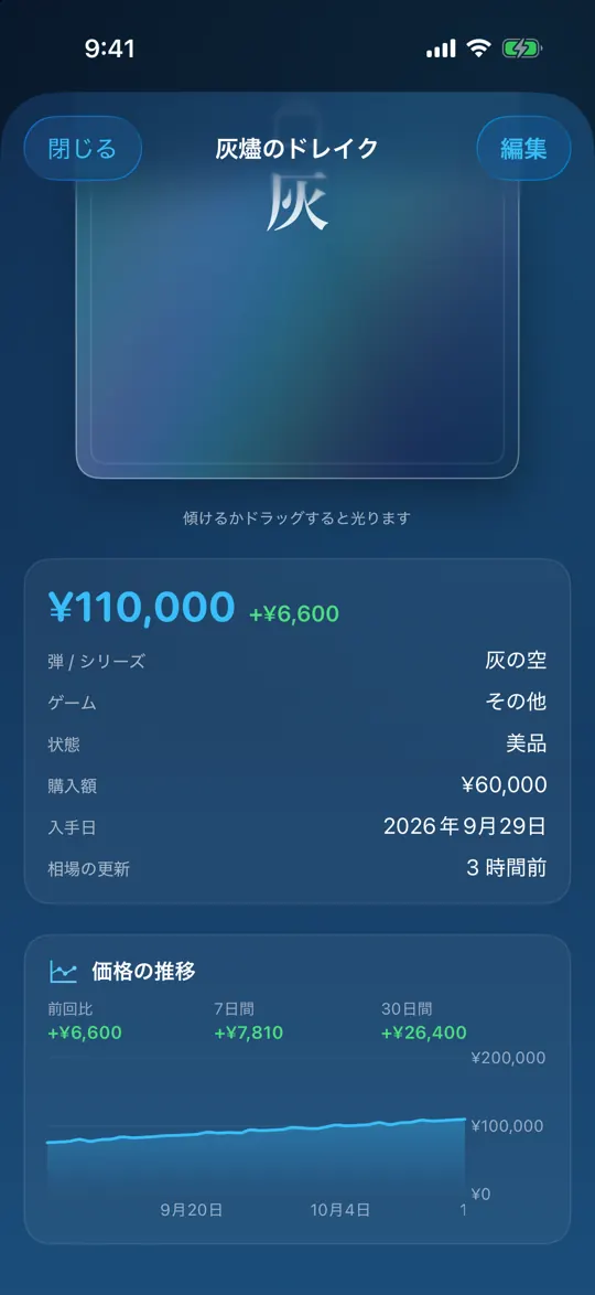CardLedger のカード詳細。前回比・7日比・30日比と 90 日の価格推移グラフ